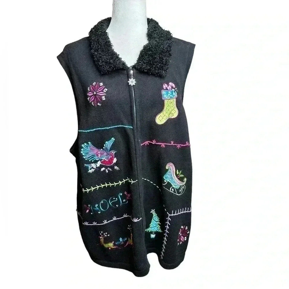 Merry & Bright Christmas Sweater Vest Womens 3X Black Embroidered Beaded